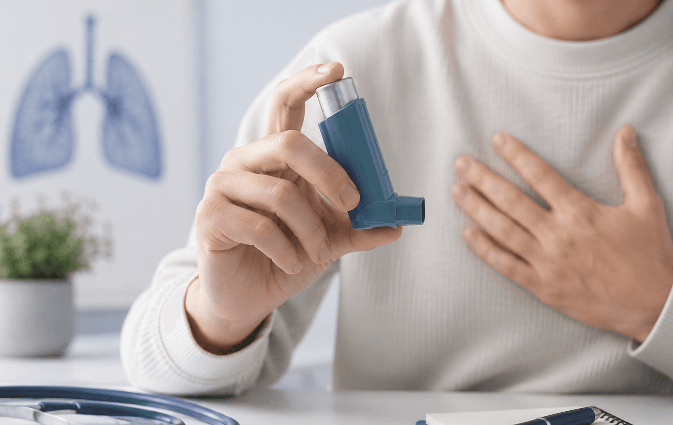 Paciente adulto utilizando un inhalador para controlar síntomas respiratorios